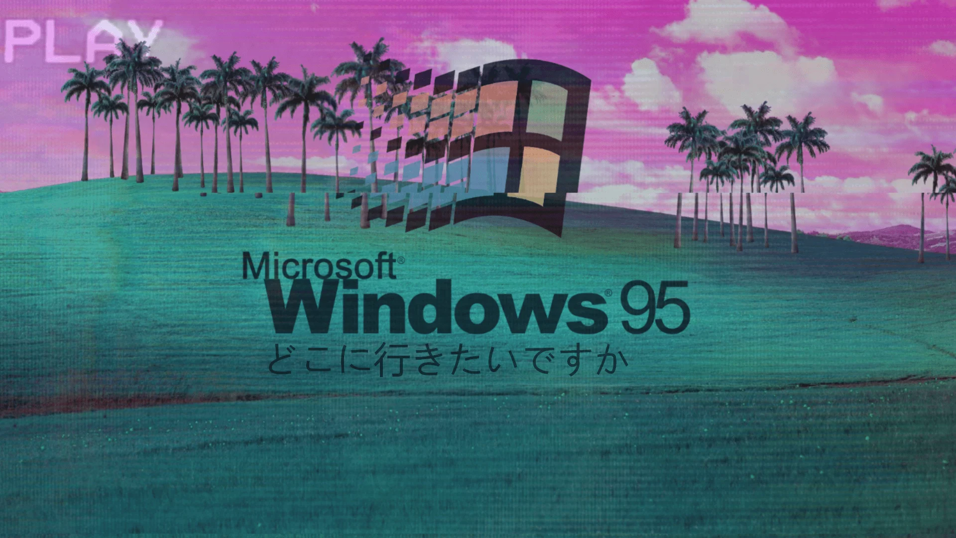 Logo do Windows 95 com o clássico wallpaper de campo no fundo, com estética Vaporwave
